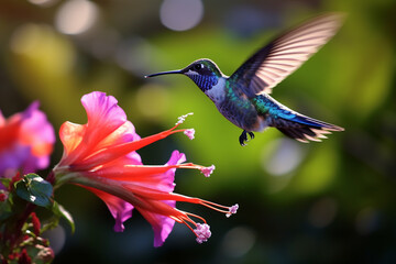 Graceful Blue Hummingbird Violet Sabrewing in Flight next to Pink Flower - Created with Generative AI Tools