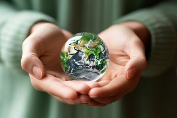 Green Earth Planet on Volunteer's Hands - World Environment Day Concept - Created with Generative AI Tools