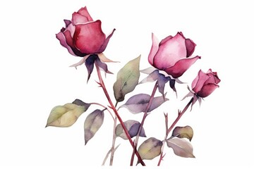 Burgundy Rosebuds watercolor illustration. AI generated