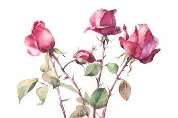 Burgundy Rosebuds watercolor illustration. AI generated