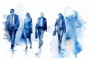Obraz premium group of business people standing together, aptivating Watercolor-style Blue Silhouette Illustration of Four Business People Engaged in Productive Work, Emphasizing Teamwork