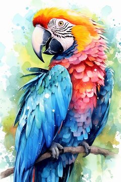 Bright macaw with a colorful plumage watercolor. AI generated