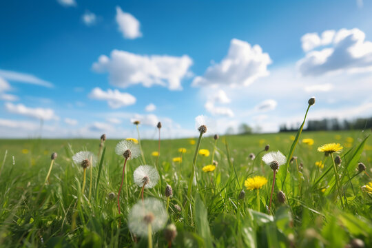 Idyllic Meadow Field with Fresh Grass and Yellow Dandelions - Created with Generative AI Tools