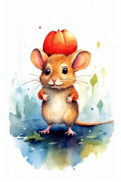 Charming mouse with big ears and tail watercolor. AI generated