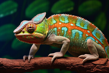 Obraz premium Stunning Colored Chameleon on Branch - Created with Generative AI Tools