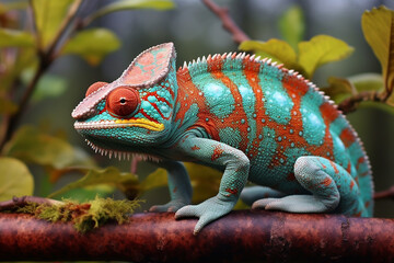 Stunning Colored Chameleon on Branch - Created with Generative AI Tools - obrazy, fototapety, plakaty