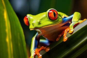 Fototapeta premium Vibrant Red-eyed Tree Frog in its Natural Habitat - Created with Generative AI Tools