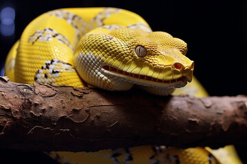 Fototapeta premium Vibrant Yellow Tree Python Snake Coiled on Branch - Created with Generative AI Tools