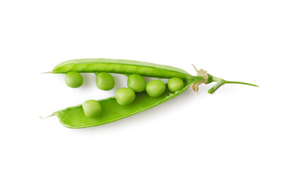 Fresh open green pea pod isolated on white background top view