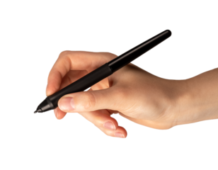 Hand holding stylus pen tool, drawing, writing isolated on white background