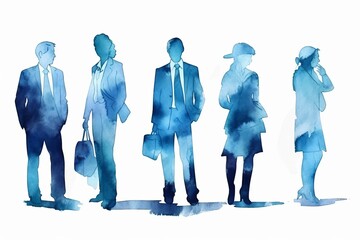 group of business people standing together, aptivating Watercolor-style Blue Silhouette Illustration of Four Business People Engaged in Productive Work, Emphasizing Teamwork