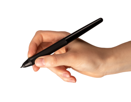 Hand holding stylus pen tool, drawing, writing isolated on white background