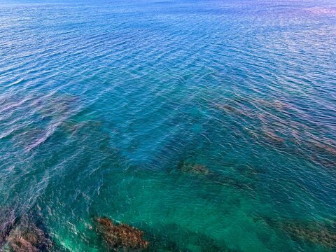 Sea ocean aqua seascape blue turquoise reef beautiful aerial view.