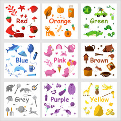Color flashcards. Learning color for kids. Educational cards. Worksheet for kids. red, green, orange, blue, yellow, brown, grey, purple, pink colors.