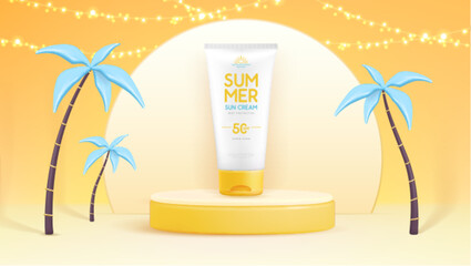 Summer background with 3d podium, sunscreen tube and palm trees. Colorful summer scene. Vector illustration