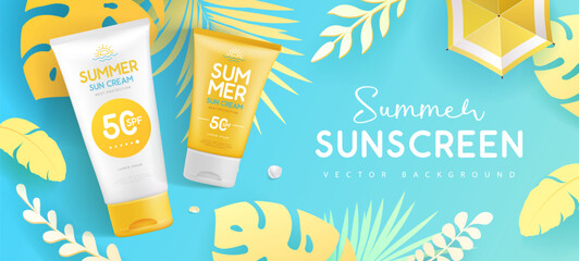 Top view summer background with 3d set of sunscreen tubes, tropic leaves and beach umbrella. Colorful summer scene. Vector illustration