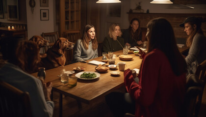 Smiling friends enjoy food and drink indoors generated by AI