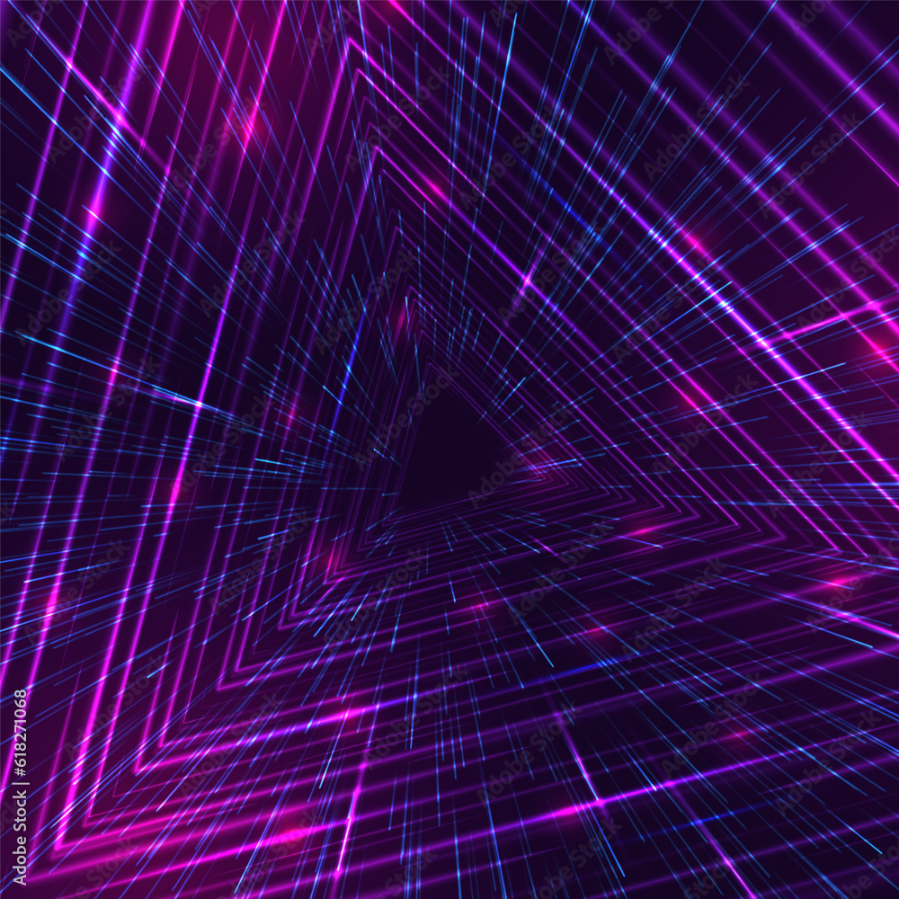 Wall mural triangle portal with light effects. neon tunnel. abstract technology background. vector illustration