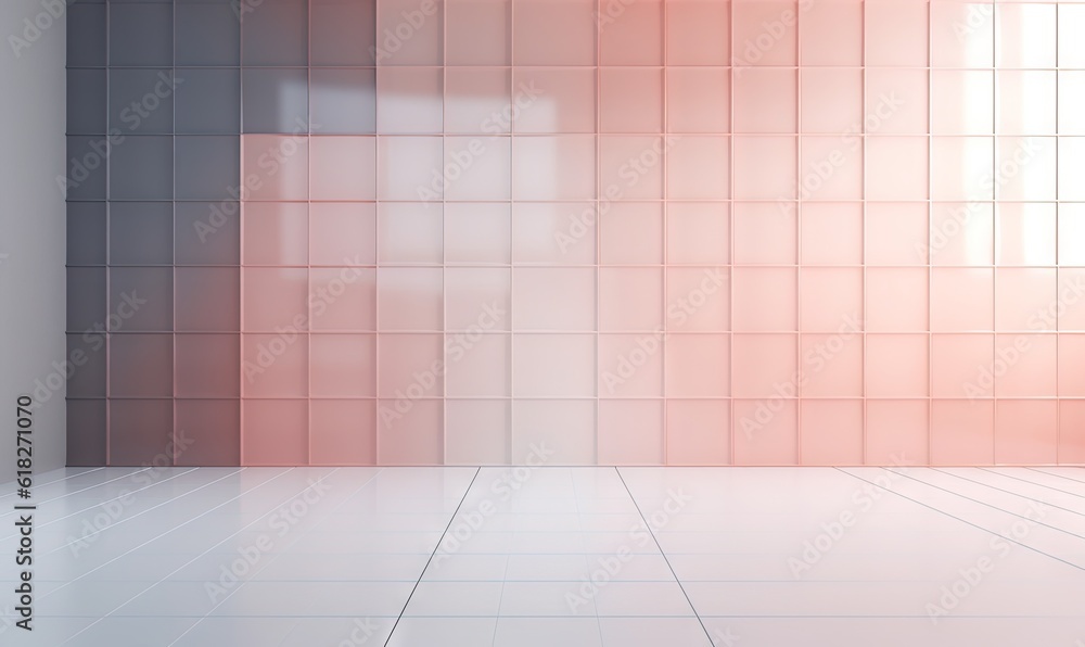 Poster an empty room with a tiled wall and a window in the center of the room with a light coming through t