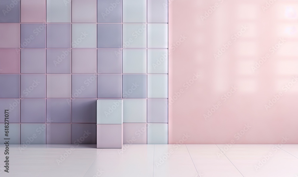 Poster a pink and purple tiled wall with a bench in the middle of the room and a window in the back of the 
