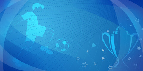Abstract soccer background with a football player kicking the ball and other sport symbols in blue colors