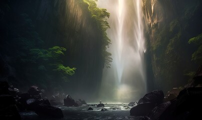  a large waterfall in the middle of a forest filled with trees and rocks, with a bright light coming from the top of the waterfall.  generative ai