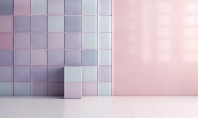  a pink and purple tiled wall with a bench in the middle of the room and a window in the back of the wall behind it.  generative ai