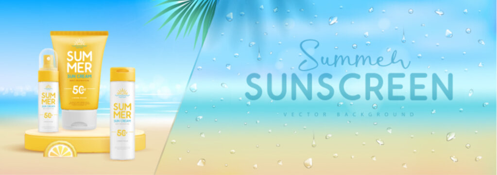 Summer beach background with 3d stage and set of sunscreen creams. Colorful summer scene. Vector illustration
