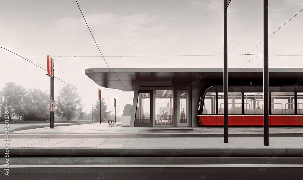 Poster a train station with a red train on the tracks next to a building with a glass door and a red door o