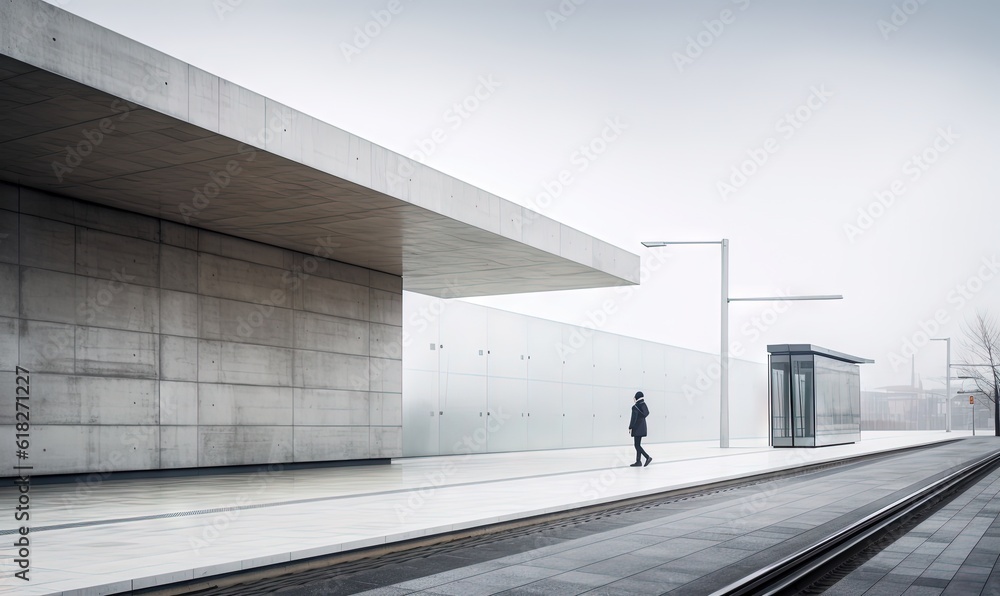 Poster a person standing on a train track near a building with a large window and a person standing on the 