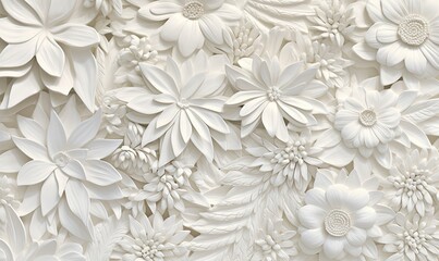  a wall with a bunch of white flowers on it's side and a clock on the side of the wall above it that reads,.  generative ai