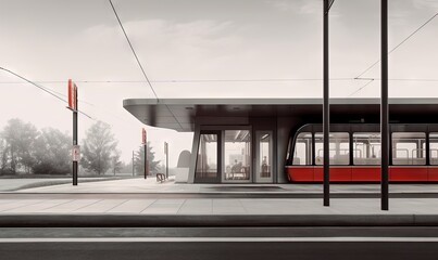 a train station with a red train on the tracks next to a building with a glass door and a red door on the side of the building.  generative ai