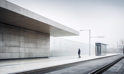  a person standing on a train track near a building with a large window and a person standing on the platform next to the train tracks.  generative ai