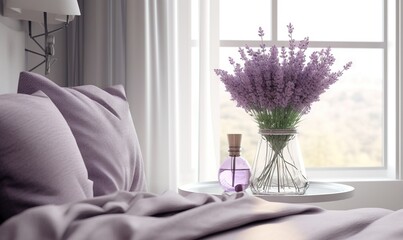  a vase of lavender flowers sitting on a table next to a window with a bottle of lavender water in it and a tray with lavenders.  generative ai