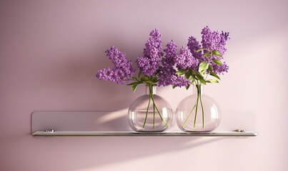  a couple of vases filled with purple flowers on a shelf next to a wall with a shadow of a wall behind them on a pink wall.  generative ai