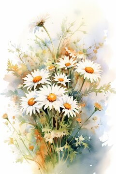 Dainty Daisies watercolor illustration. AI generated