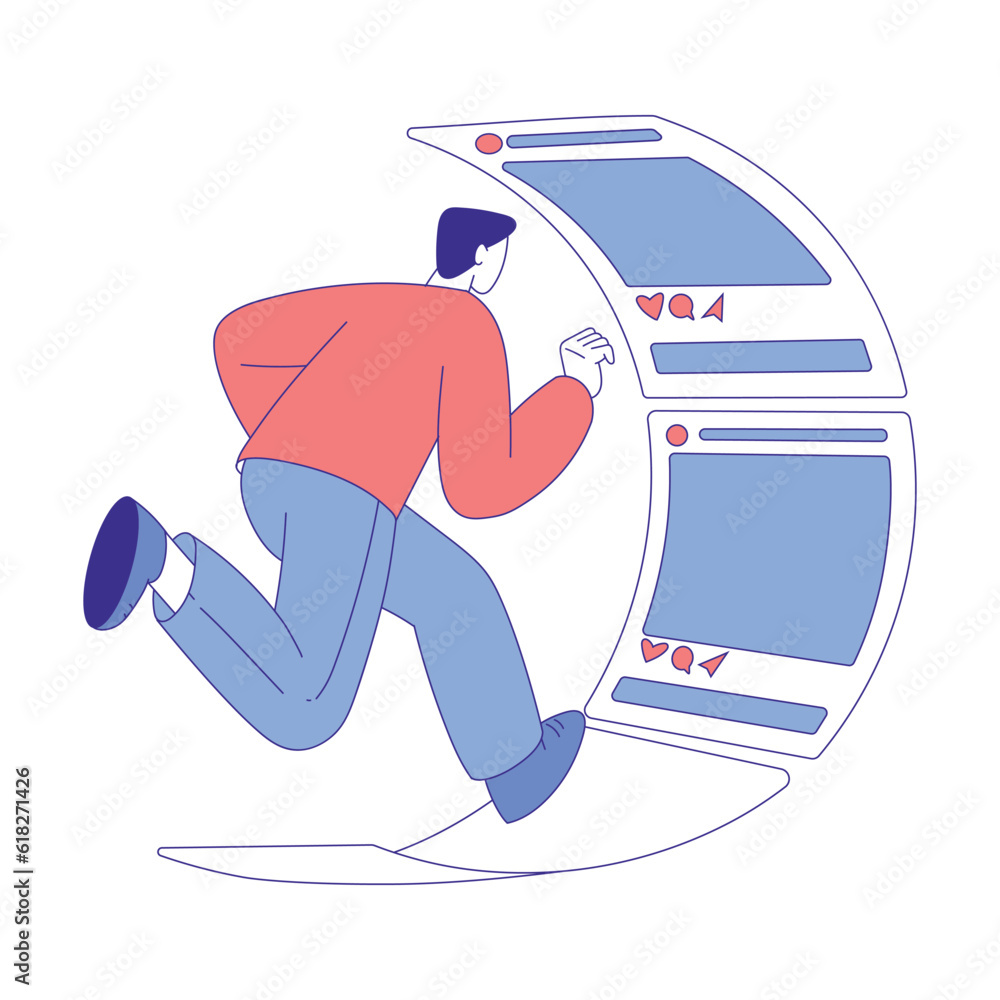 Poster man character use social media scrolling app or news feed vector illustration