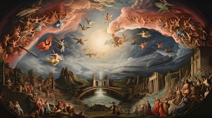 Fototapeta premium Renaissance-Inspired Ancient Style Painting of Heaven, Celestial Serenity Unveiled: Enchanting