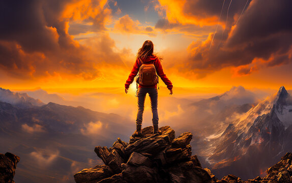 The young female hiker, standing at the top of the mountain, is gazing at the beautiful sunrise sky and magnificent scenery. She is filled with awe and wonder, with her arms wide open.   Generative AI