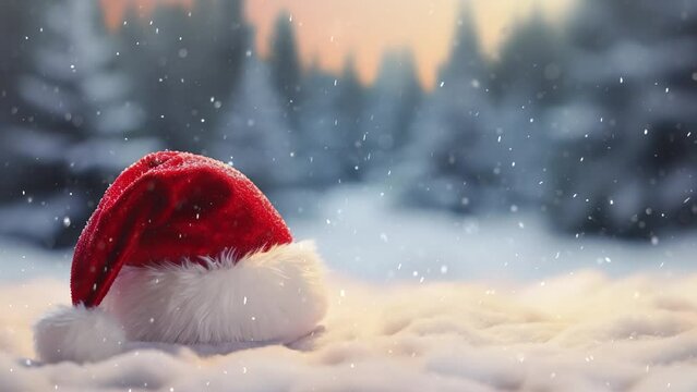 A red Santa hat on snow with a Christmas snowfall winter wonderland background loop.
