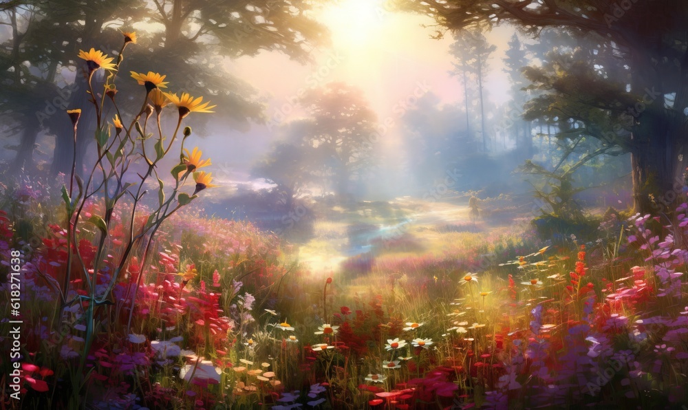 Poster a painting of a field of flowers with the sun shining through the trees in the background and the su