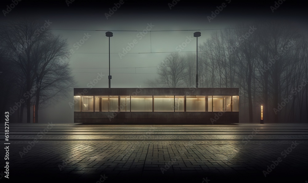 Poster a building with a lot of windows in the middle of a street at night with fog on the ground and trees
