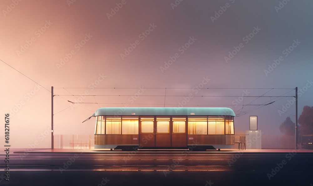 Poster a bus is parked on the side of the road in the foggy night with a bus stop in the foreground and pow