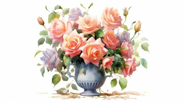 Elegantly Arranged Roses in a Vase watercolor. AI generated