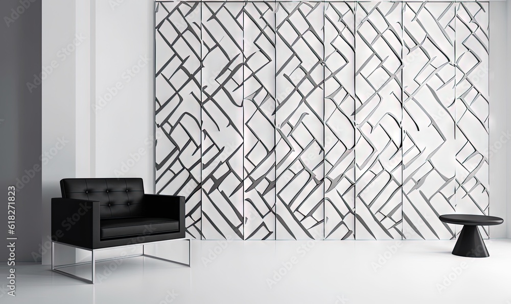 Poster a black chair sitting in front of a white wall with a pattern on the back of it and a black chair in
