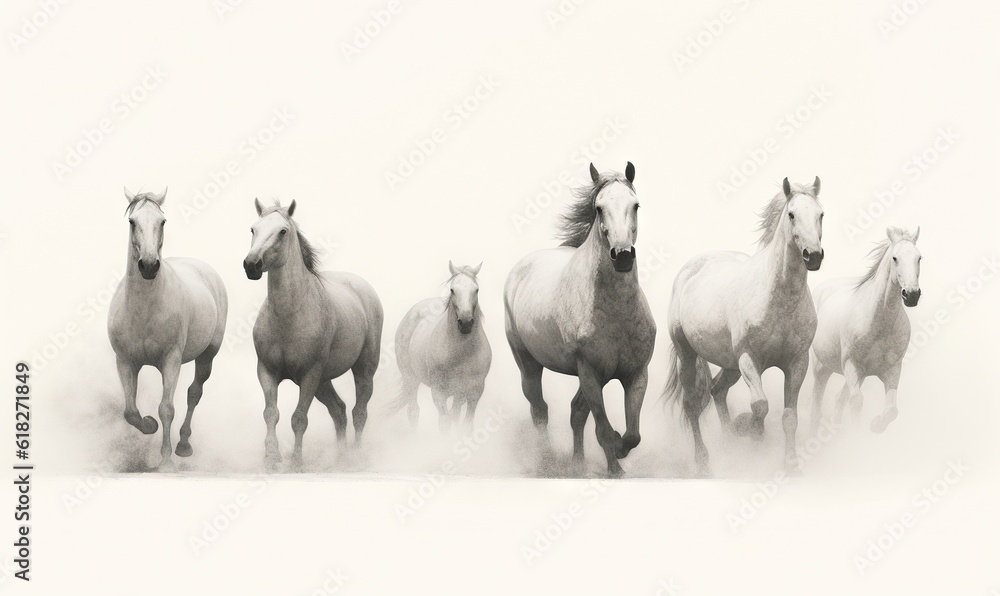 Poster a group of horses running in a line through the dust in a black and white photo with a light colored