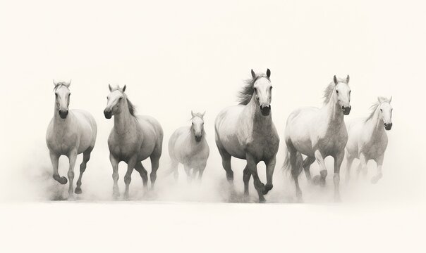  a group of horses running in a line through the dust in a black and white photo with a light colored back ground and a white background.  generative ai