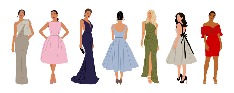 Set Of Beautiful Women In Fashion Dress For Evening Or Cocktail Party, Event. Pretty Girls Wearing Stylish Clothes, Shoes. Vector Realistic Illustration Isolated On Transparent Background. 