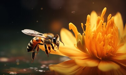  a bee on a yellow flower with water droplets on it's petals and a black background with a blurry image of a yellow flower.  generative ai