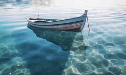 Fototapeta premium a small boat floating on top of a lake next to a shore covered in water lilies and a few boats in the distance,. generative ai